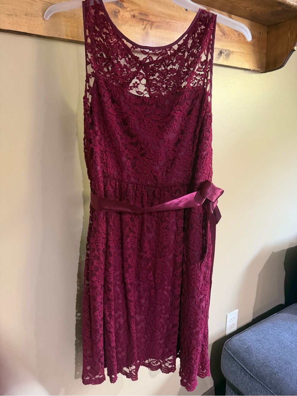 Simply Liliana Burgundy Lace Midi Dress with Satin Waist Tie